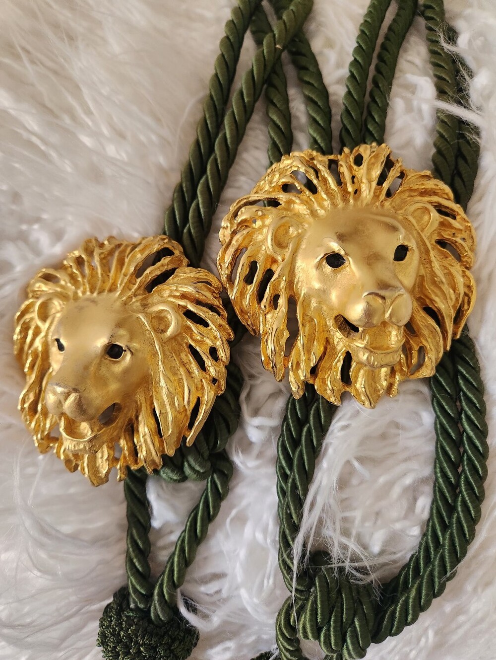 Vintage Mid-Century Modern Gold Lion Head Curtain Tassel Tiebacks - Pair (Olive